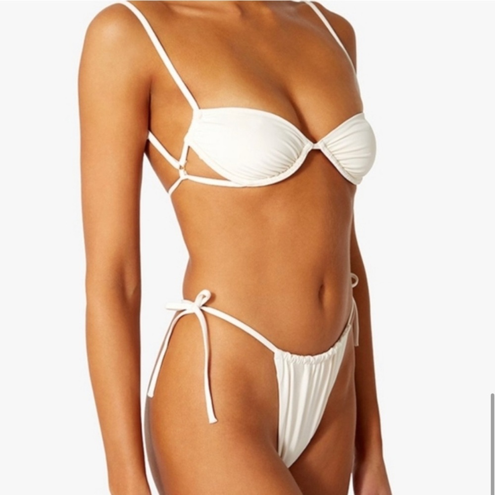 WeWoreWhat Ruched Underwire Bikini Top Side Tie High Leg Bottom Pearl White